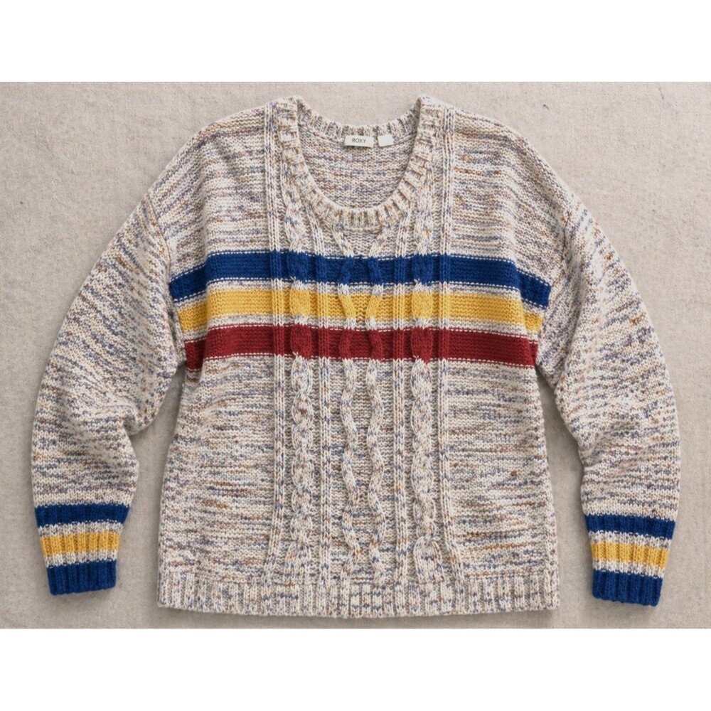 Roxy Cable Knit Sweater Womens S Rainbow Stripe Marled Cozy Chunky Pullover